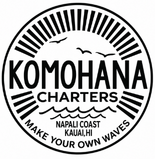 Black and white logo for Komohana Charters, with waves and birds; text: 'Make your own waves, Napali Coast Kauai, HI.'