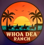 Logo: Sunset with palm trees, three riders on horses, text 'WHOA DEA RANCH'.